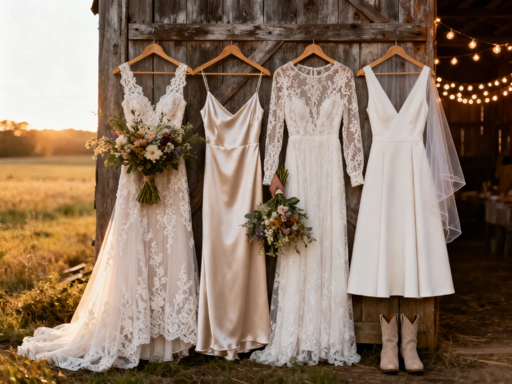 Country Wedding Aesthetic Dresses: Romantic Lace, Matte Satin, Sleeves & Simple Silhouettes