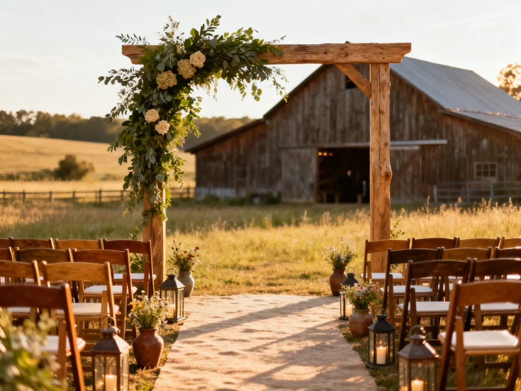 Rustic Wedding Ceremony Decor Ideas: Arches, Aisle Markers, Signs & Seating