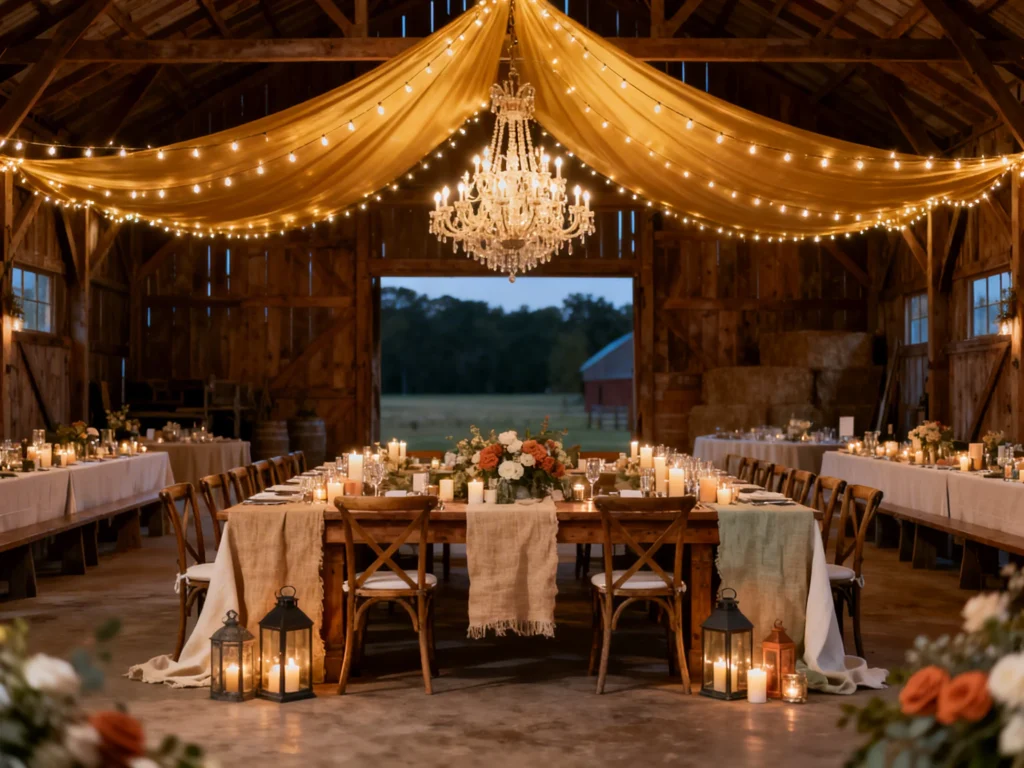 Country Wedding Reception Decor: Cozy Lighting, Charming Signs & Rustic Tablescapes