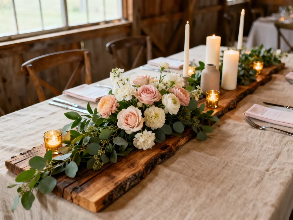 10 Rustic Wedding Centerpiece Ideas with Wood, Candles, Greenery & Soft Florals